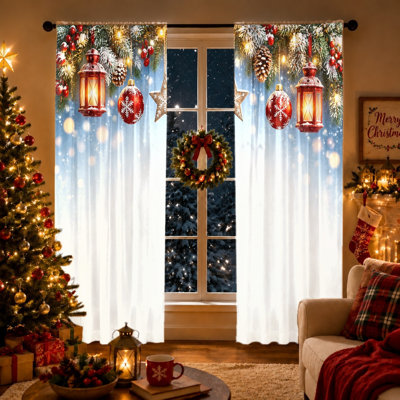 2Pcs Christmas Lantern Pinecone Holiday Curtains, Festive Winter Scene Light Filtering Curtains for Living Room Bedroom Kitchen Rod Pocket Window Drapes, Home Decor