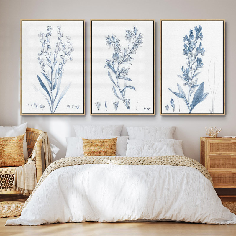 Antique Botanical in Blue I - Ensemble de 3 reproductions de photos sur toile, H 27 po x l 54 po, Naturel