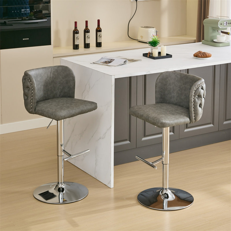 Jeneanne Upholstered Adjustable Height Counter Stool, Gray Leather, Chrome