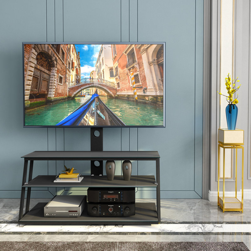 Multi-Function Angle And Height Adjustable Tempered Glass TV Stand For 32-65 Inch Tvs With Swivel Base And Cable Management.