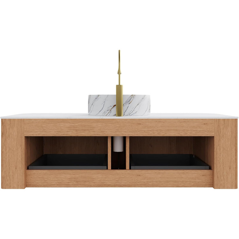 48" Bathroom Vanity with Sink, 2 Large Storage Drawer, Ceramic Basins with Marble Top, Pre-Assembled, Brown