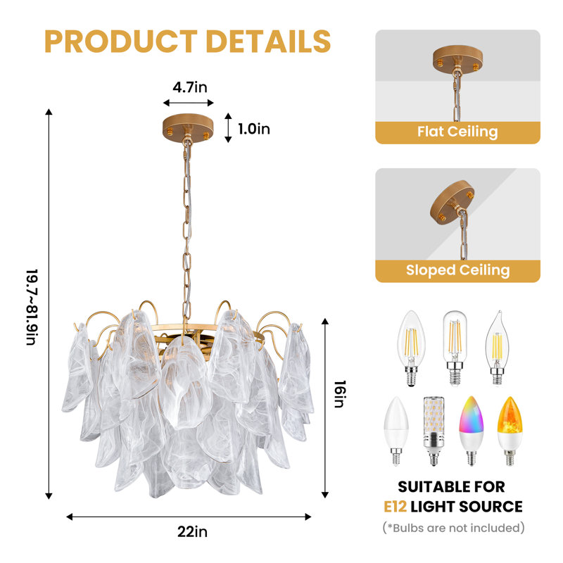 Lustre suspendu à 3 niveaux en verre soufflé blanc tourbillonnant, avec structure en métal doré, idéal pour salle à manger ou salon.
