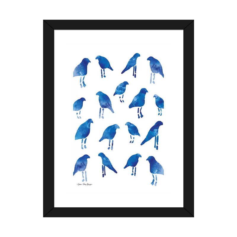 Oiseaux bleus - reproduction d'art, H 32 po x l 24 po x P 1 po, Papier encadré noir, Blanc