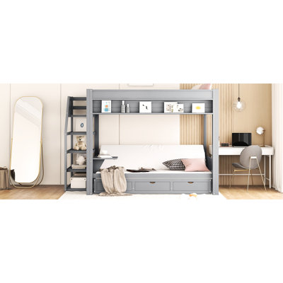 Convertible Bunk Bed With Gray Bedside Cabinet, Storage & 3 Drawers Size Storage, 3 Unit
