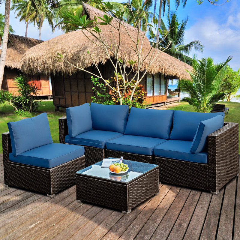 Rattan Sectional Seating Group with Cushions, Navy