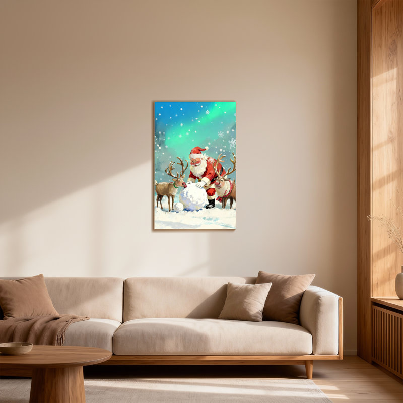 Christmas Santa With Reindeer And Snowball, 18" H x 12" W