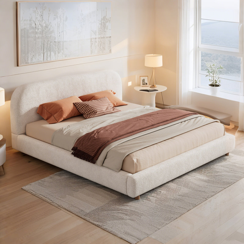 Liz Boucle Upholstered Bed With Curved Headboard & Wooden Frame, White Boucle, King
