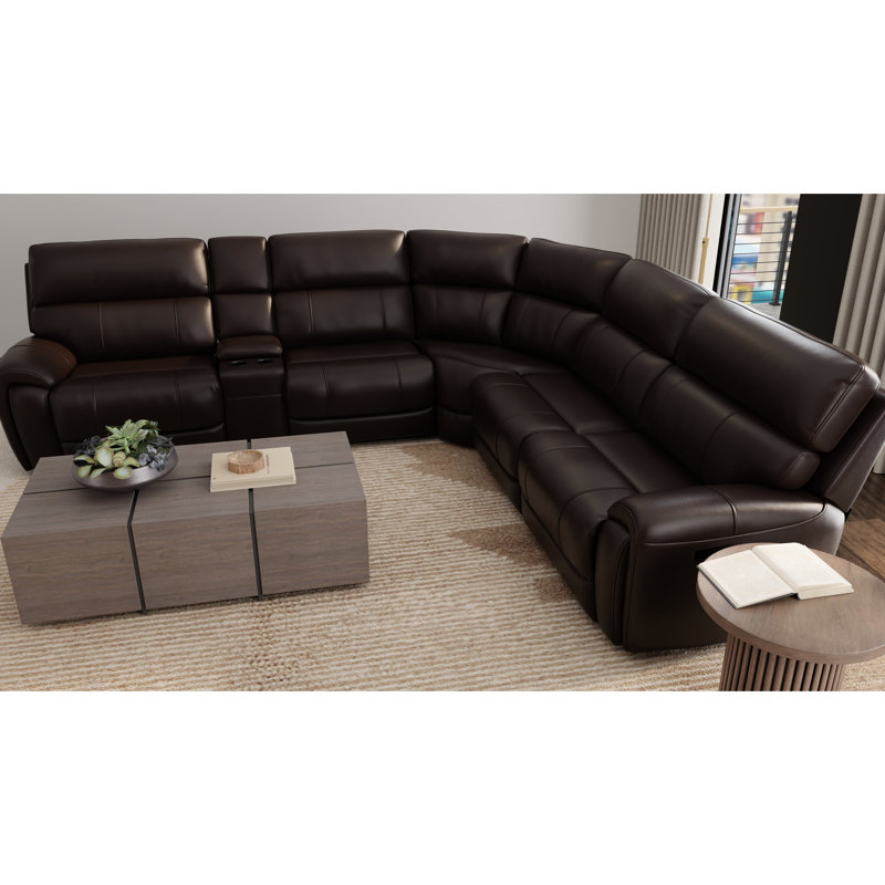 6 modulaires électriques en cuir tabac, appuis-tête, repose-pieds, charge, console multifonctionnelle, salon en forme de L avec porte-gobelets lavables amovibles, brun foncé, espace
