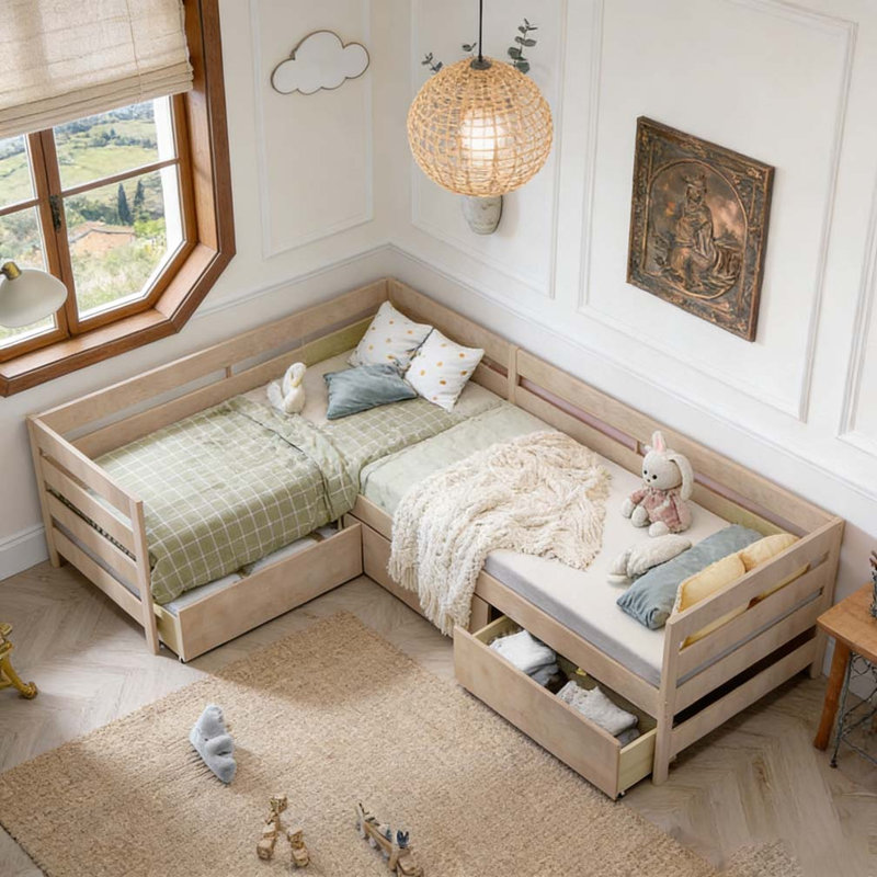 Lit plateforme simple en forme de L avec trois tiroirs de rangement