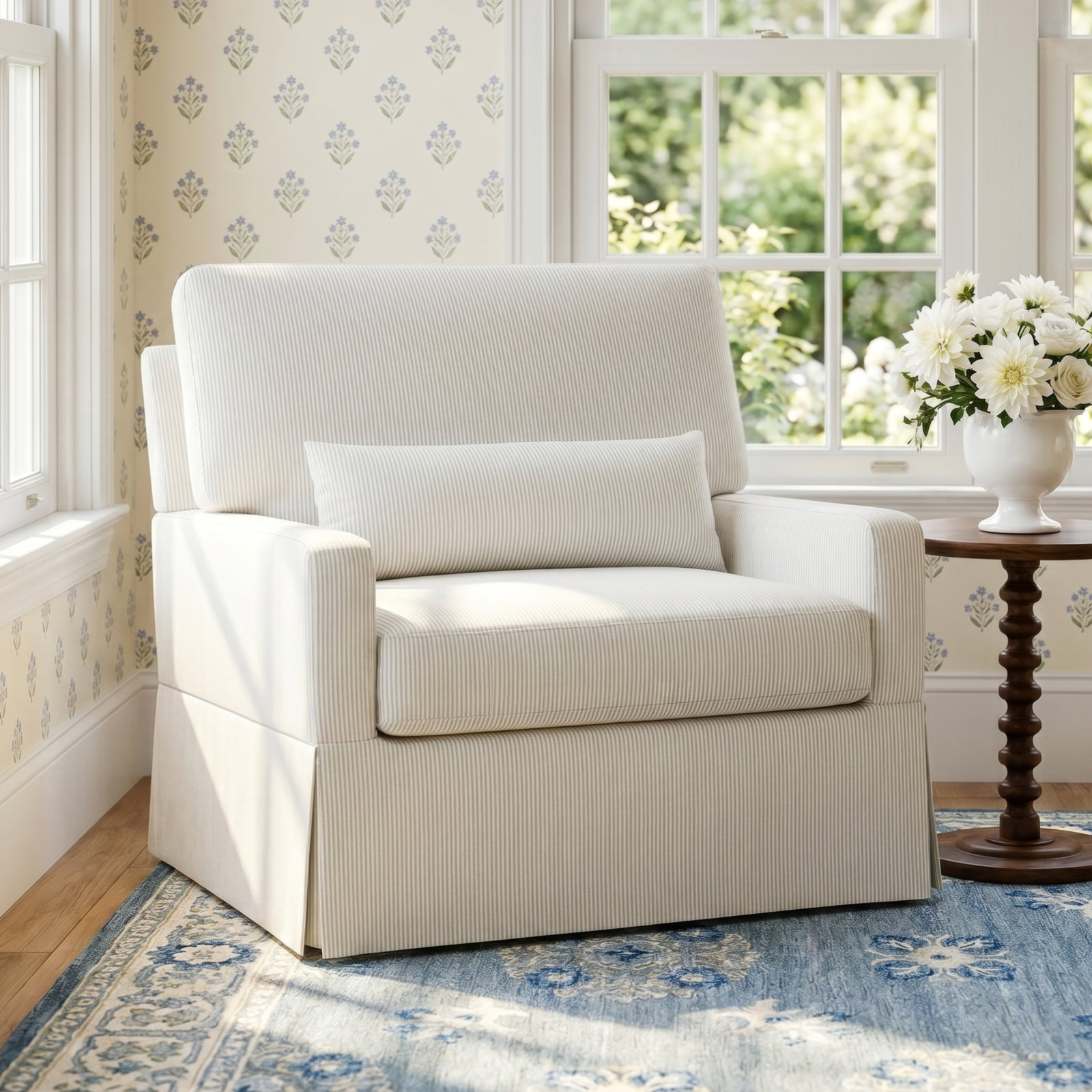 Crawford Swivel Glider, Fog Chatham Stripe Performance Eco-Weave