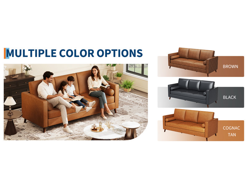 Canapé 3 places 86" en PU – Canapé de salon couleur cognac, revêtement moderne, structure robuste, surface facile d'entretien pour les appartements, les bureaux et les espaces de réception