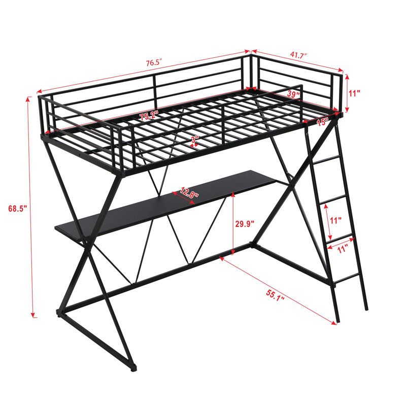  Lit mezzanine simple avec bureau, échelle et garde-corps pleine longueur, structure en forme de X, noir