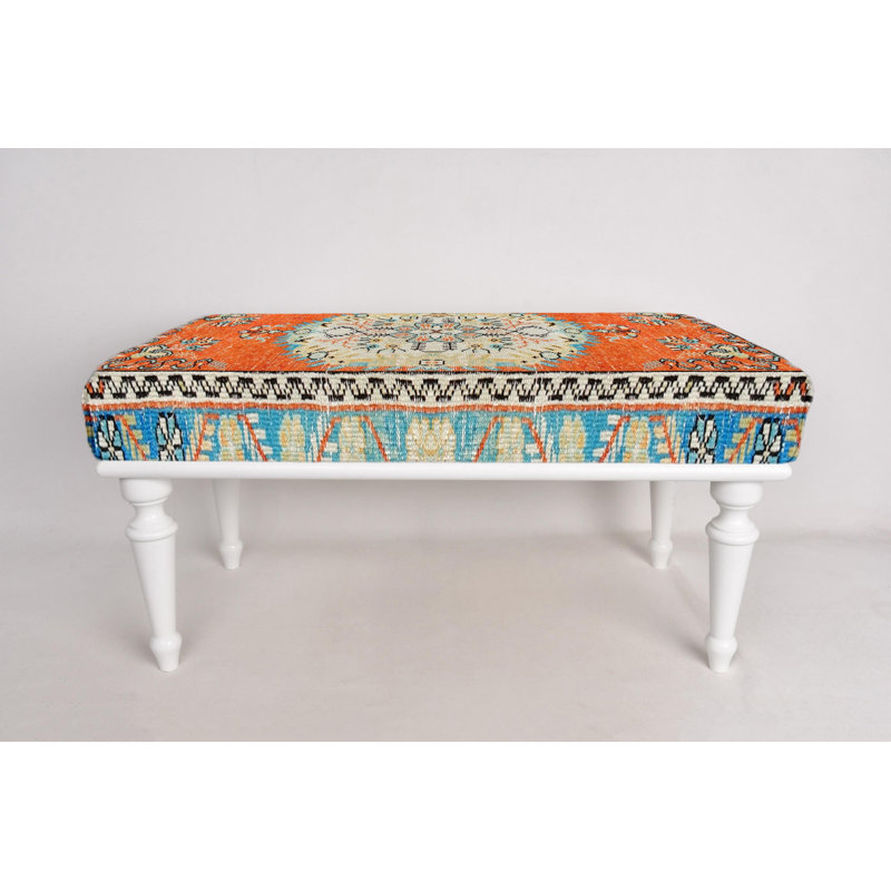 Cotton Upholstered Bench, White, 45cm H x 120cm W x 45cm D