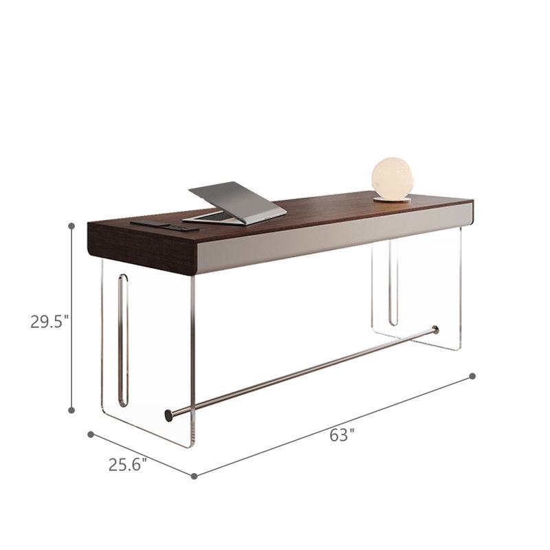 Modern Minimalist Luxury Desk with Walnut Wood Grain & White Spliced Top, Clear Acrylic Legs Office Writing Table
