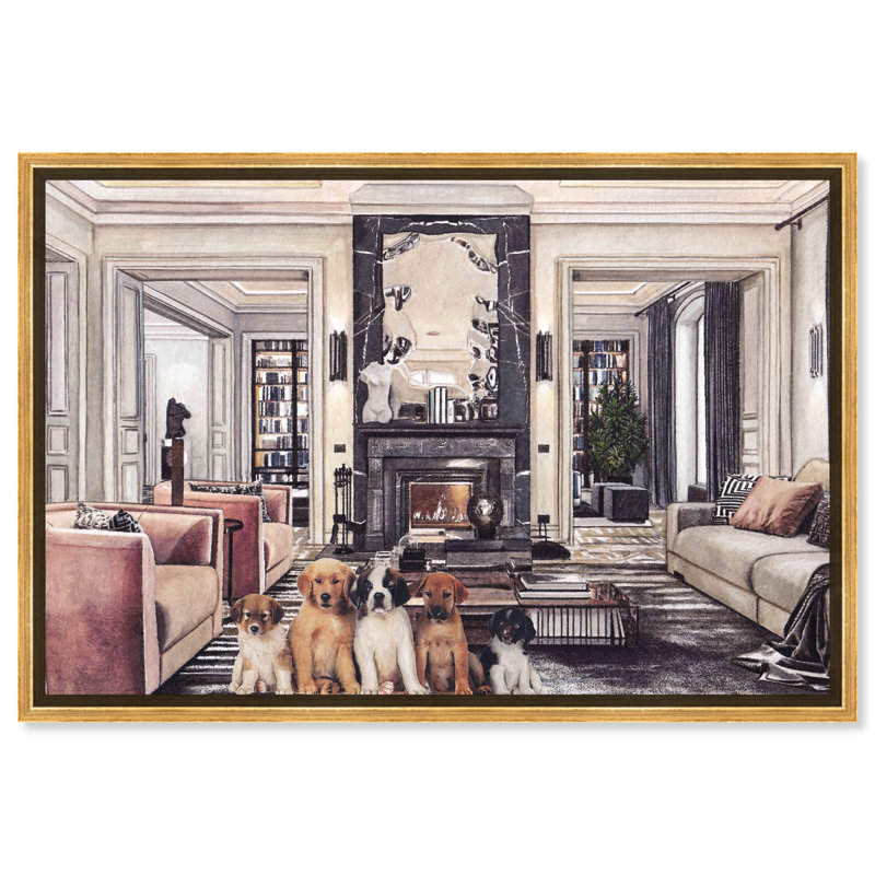 " Paris Decor Puppies " Painting Print, Gold Framed Canvas, 16" H x 24" W