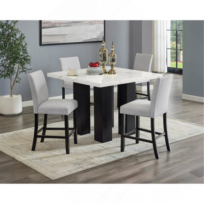 5Pc Dining Table Set Counter Height Square Faux Marble Table Top Light Gray Fabric Upholstered Chair Dining Room Wooden Furniture Solid Wood