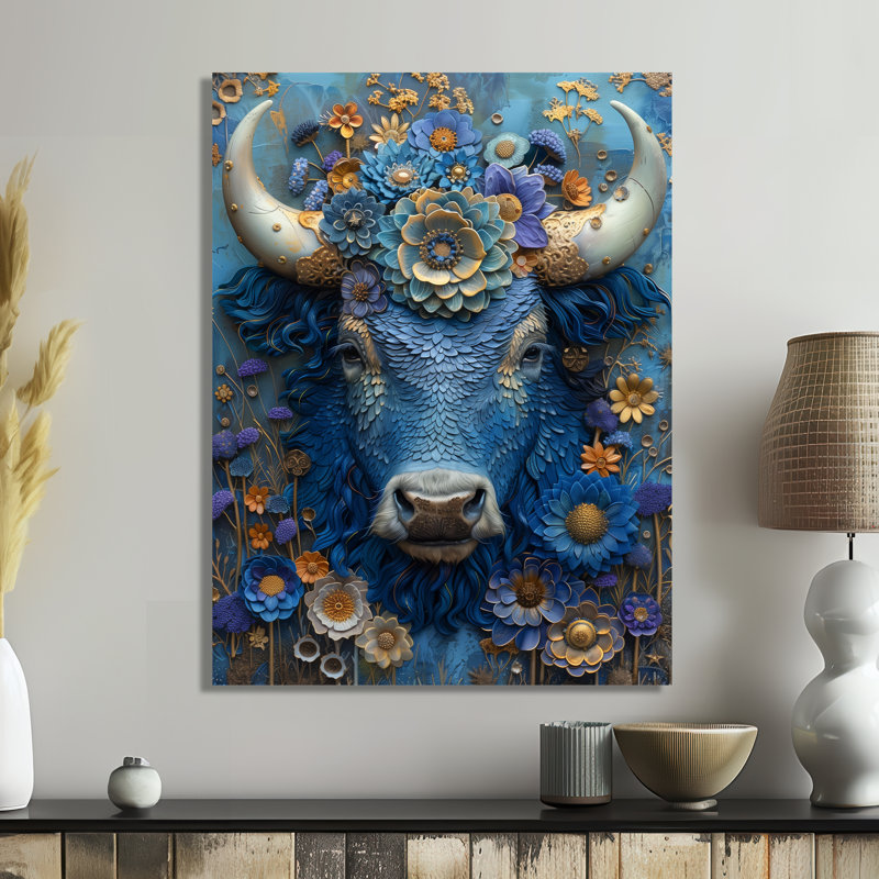 Décoration murale harmonie cosmique - Taureau bleu - Astrologie cosmique, Métal métal, H 16 po x l 32 po