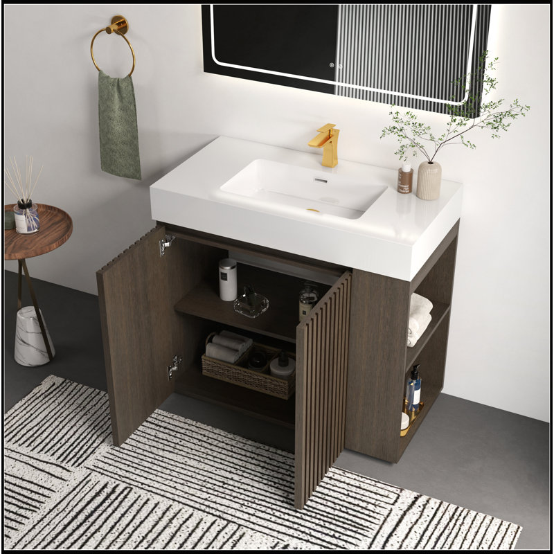 Meuble-lavabo 36 po en chêne fumé avec lavabo pour salle de bain moderne, cuve à quartz blanche une pièce, sans drain et robinet, KD