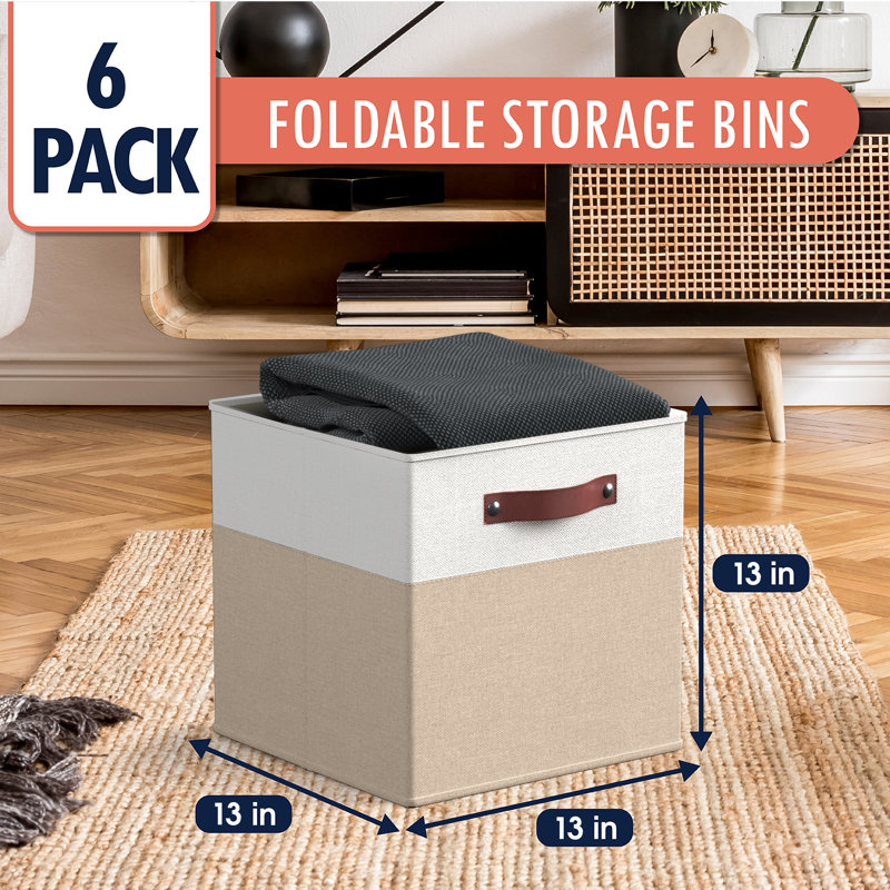 Ebern Designs Fabric Decorative Bin, White/Khaki, 13" H x 13" W x 13" D
