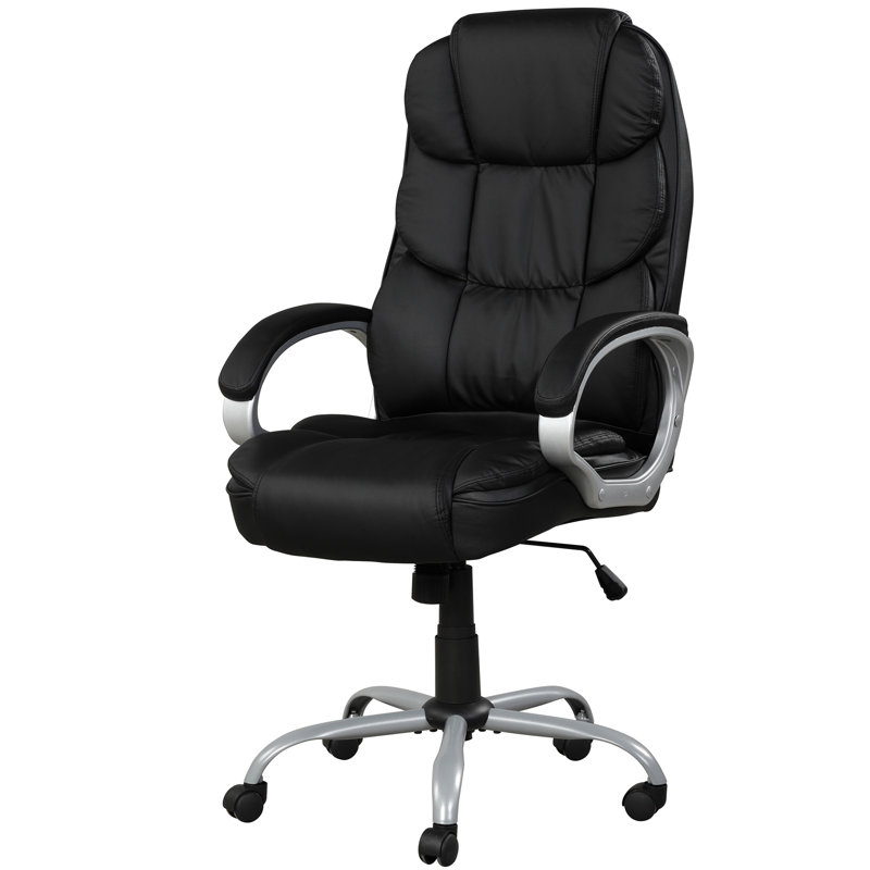 High Back Office Task Chair - 360 Degree Swivel, Pu Leather, Frame, Black/silver Comfortable 360° Back, Leather
