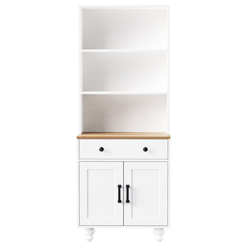 Kitchen Cabinet With Drawer, Adjustable Shelves, Solid Wood Legs, White, 5 Tier Bookshelf, For Storage White Home Drawer And Open Particle Board