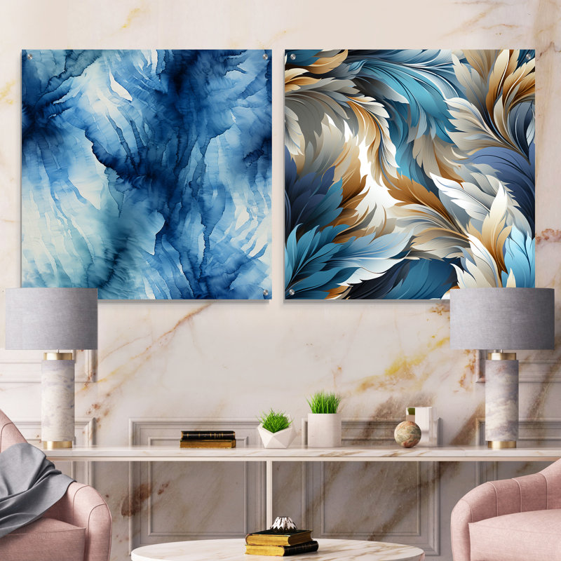 Encre de marbre bleue et blanche Shibori I - ensemble abstrait d'art mural en acrylique sur verre, H 16 po x l 33 po