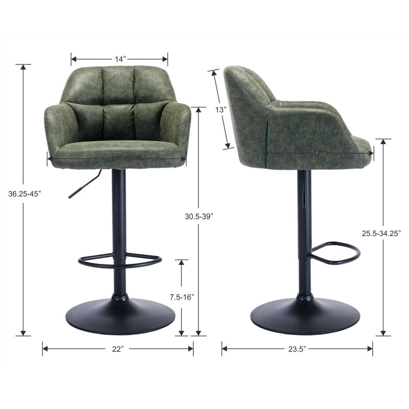 Gareth Swivel Adjustable Height Bar Stool, PU-Dark Green