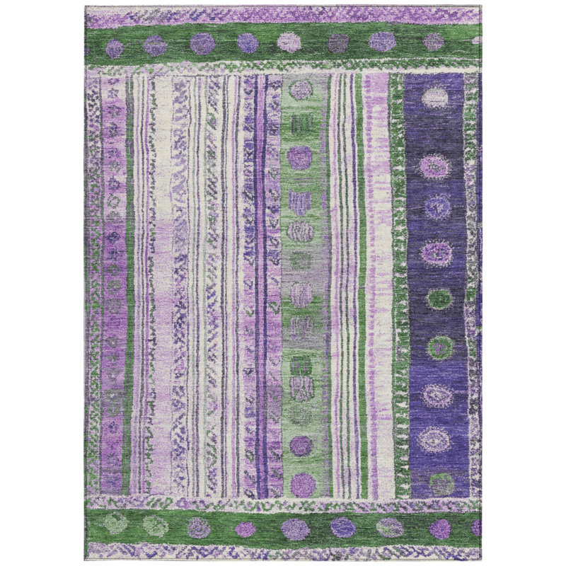Tapis intérieur lavable rayé vert et mauve 9 pi x 12 pi