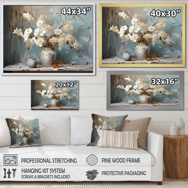 «White Orchids Farmhouse Still Life» sur toile, Cadre flottant noir, H 34 po x l 44 po x P 1,5 po
