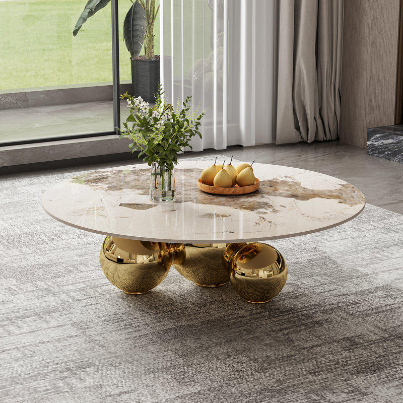 39.5 Round Coffee Table, Modern Coffee Table with Pandora Sintered Stone Tabletop and Three Gold Balls, Gold