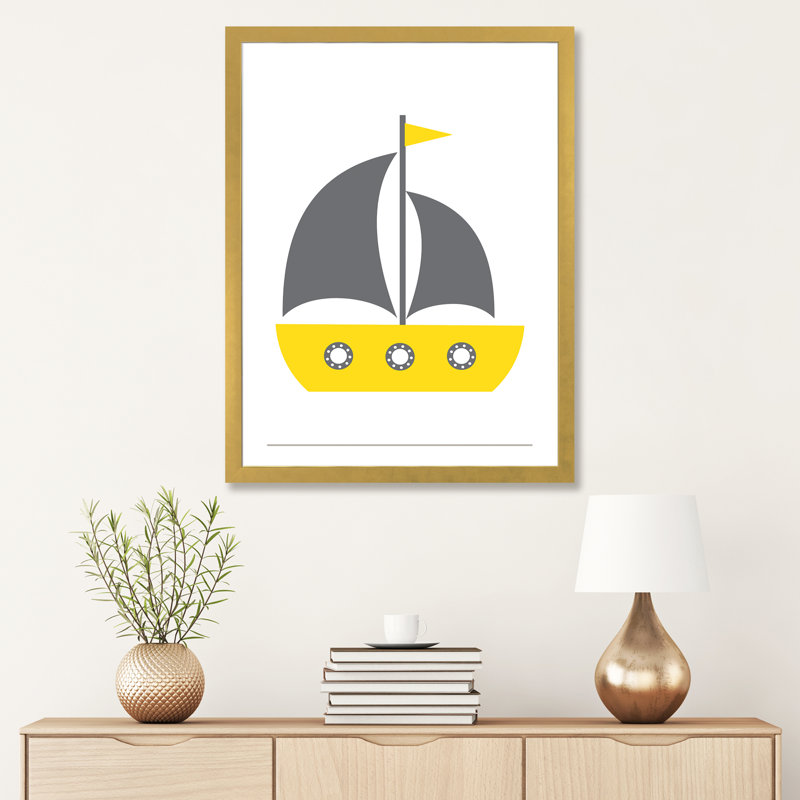 Yellow Boat Nordic Design - impression d'art graphique, H 32 po x l 24 po x P 1 po, Papier encadré doré, Blanc