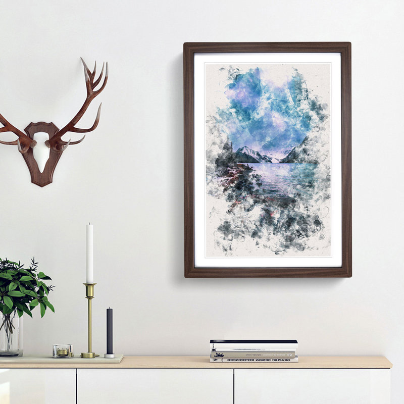 Chephren Lake In Canada Watercolour - Picture Frame Graphic Art, 33cm H x 24cm W x 2cm D, Walnut Framed