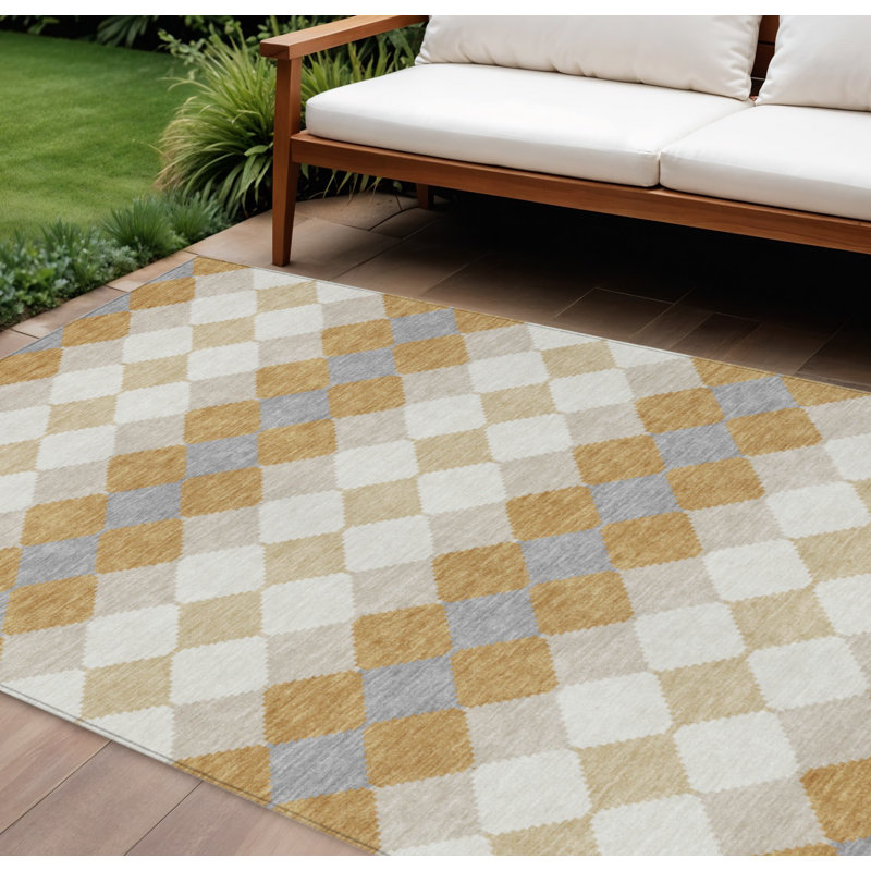 Tapis intérieur / extérieur géométrique lavable en cuivre doré et ivoire 8 pi x 10 pi
