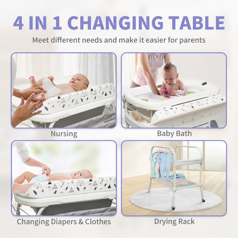 Baignoire pour bébé 2 en 1 avec table à langer, organisateur de chambre de bébé imperméable et à hauteur réglable avec supports de rangement pour nouveau-né