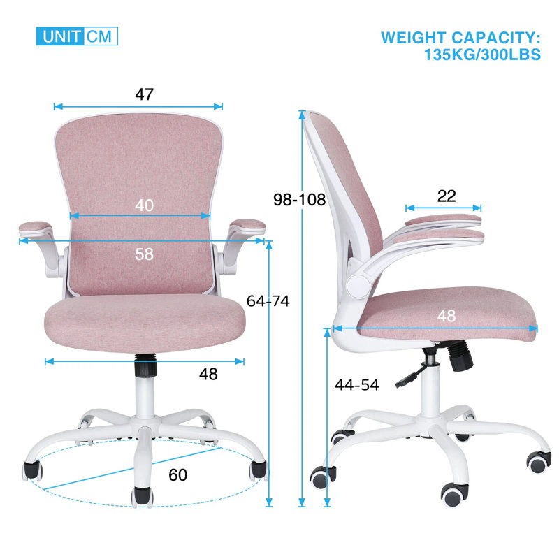 Swivel Office Chair With Lumbar Support, Adjustable Fabric Computer Chair With Flip-Up Armrest, Pink