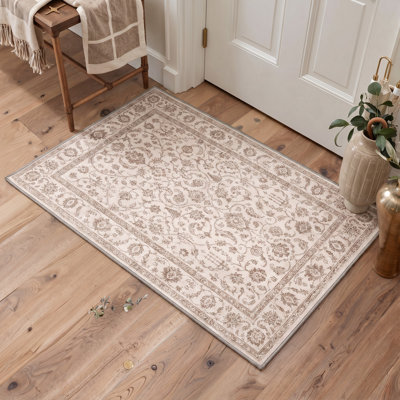 Paillasson oriental traditionnel ivoire/beige performant à poils courts, lavable et antidérapant
