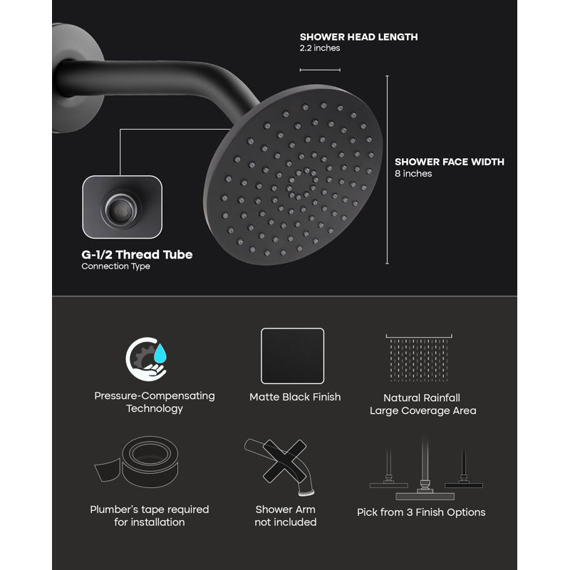 High Pressure Shower Head Rain Shower Head Matte Black Modern Design Round Rainfall Showerhead, Single Function Easy To Clean 8" Face