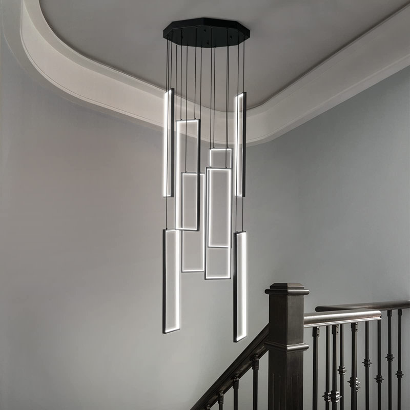Luminaire suspendu moderne à hauteur ajustable Luminaires suspendus à DEL Anneaux Lustre rectangulaire Escalier Grand lustre Hall d'entrée Îlot de cuisine Hall d'entrée Lustres à haut plafond