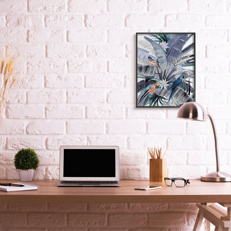 Tropical Jungle Parrot Bird Floral Canvas Print in Black Frame