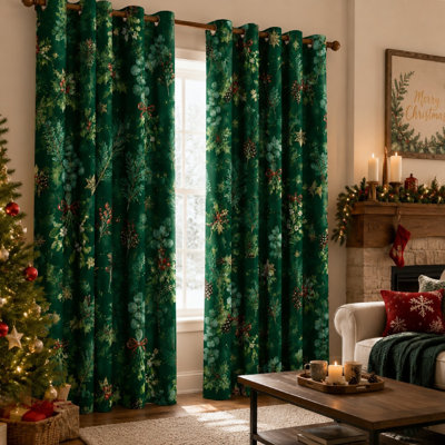 2 pièces rideaux bloquant les rayons du soleil thermiques de Noël, motif botanique des fêtes à anneaux pour salon, décoration de chambre à coucher pour la maison