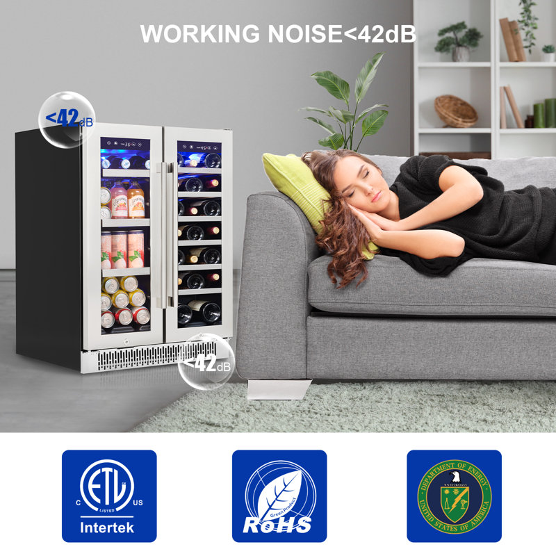 Réfrigérateur à vin et à boissons Akicon, réfrigérateur à boissons de 24 pouces avec porte vitrée, double zone avec éclairage à DEL 3 couleurs, sous comptoir / encastré / autoportant, acier inoxydable