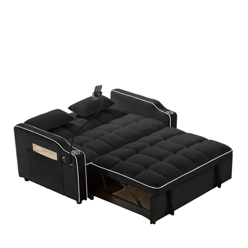 1 canapé-lit pliable polyvalent en 3 longueurs, canapé-lit moderne en velours, dossier réglable, avec port USB, cendrier et support pour téléphone pivotant (noir)