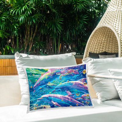 Chromatic Dolphins Trio Design by Michael Ward Outdoor Printed Pillow