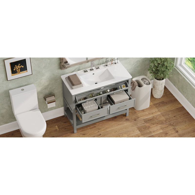 Meuble-lavabo 36 po avec lavabo en céramique, meuble-lavabo avec plateau basculant et 2 tiroirs pleine extension, poignées argentées et glissières à fermeture en douceur, 1 tablette ouverte en bas, gris