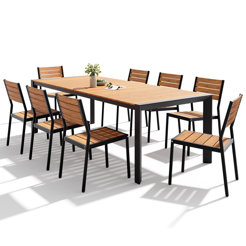 8 - Person 95'' W X 40'' D Aluminum Patio Dining Set With Umbrella Hole And Stackable Chairs, Brown
