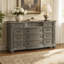 Commode à 11 tiroirs au fini gris avec miroir, design sculpté et plateau en marbre avec bordure argentée pour la chambre à coucher