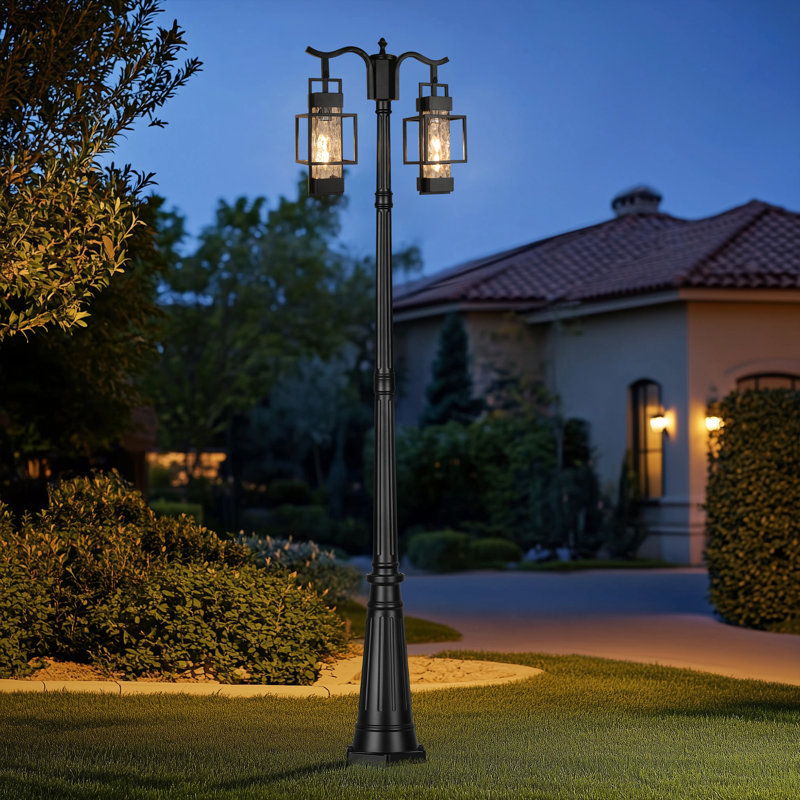 Lampadaire d'extérieur moderne à 2 têtes, lampadaire câblé pour l'extérieur, poteau en métal, éclairage extérieur avec abat-jour en verre d'eau pour patio, cour, allée, allée