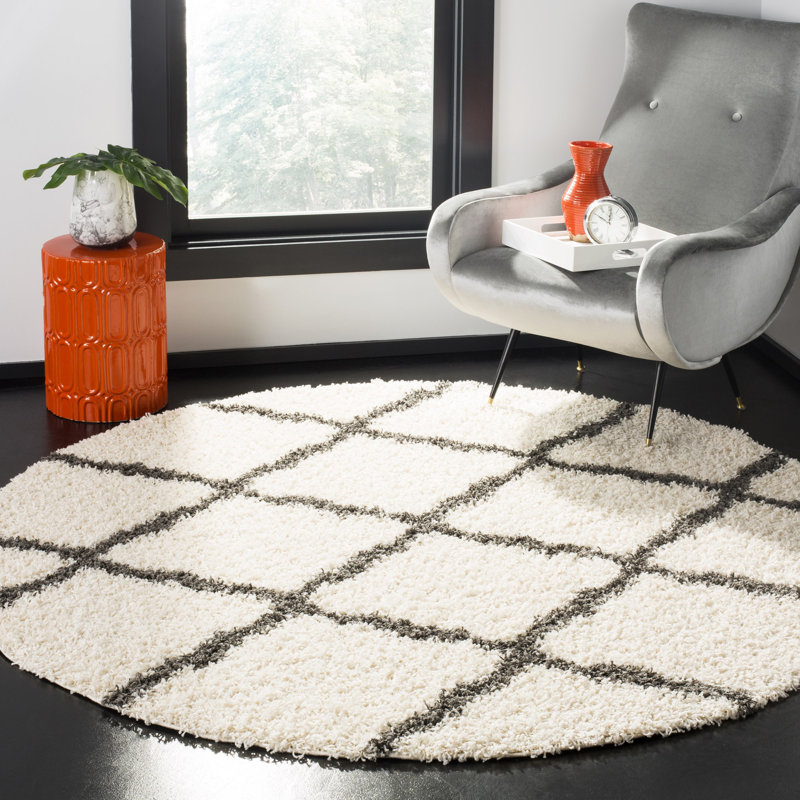 Tapis géométrique ivoire / gris foncé, Rond 6 pi