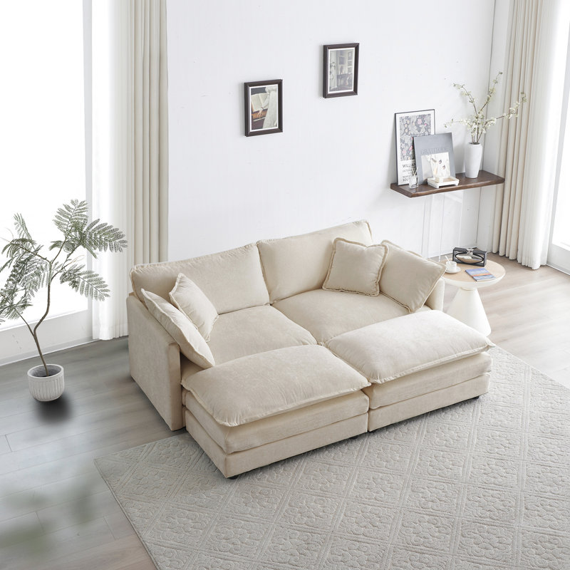 4 canapés modulaires avec 2 places et repose-pieds, en chenille beige extra doux