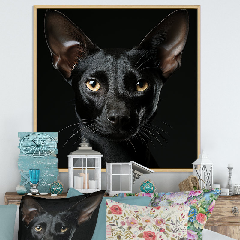 Oriental Elegance Black Cat Portrait - reproduction d'art sur toile, H 16 po x l 16 po x P 1 po, Cadre naturel flottant